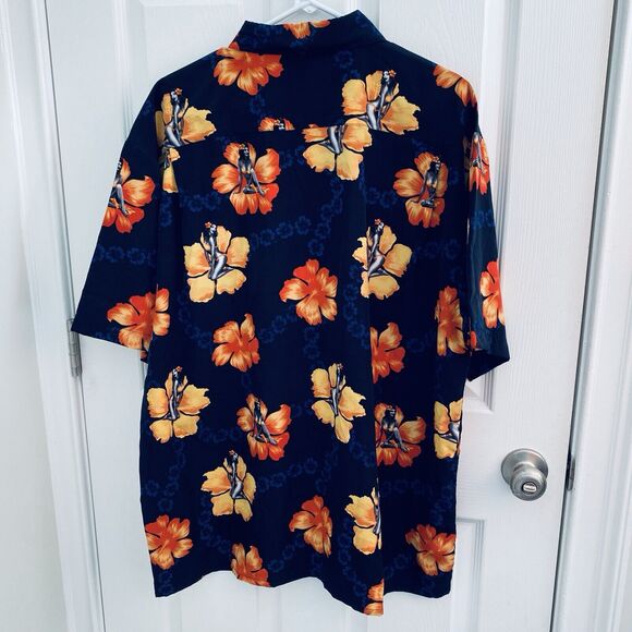 Extreme Gear Hawaiian Shirt Blue Pin Up Girlie Short Sleeve Mens Large Deadstock - Picture 12 of 12